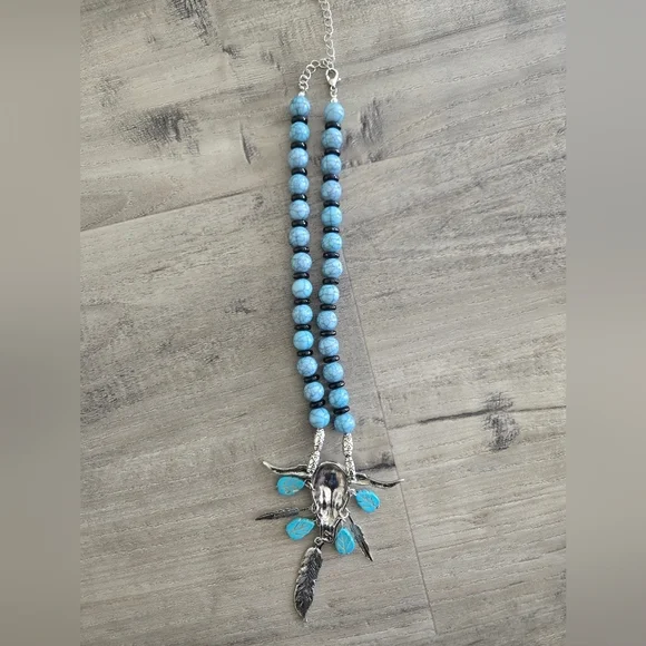 Ox Cow Skull Dangle Feathers Necklace Silver Blue/Black Beads Western Cowgirl - Picture 4 of 7